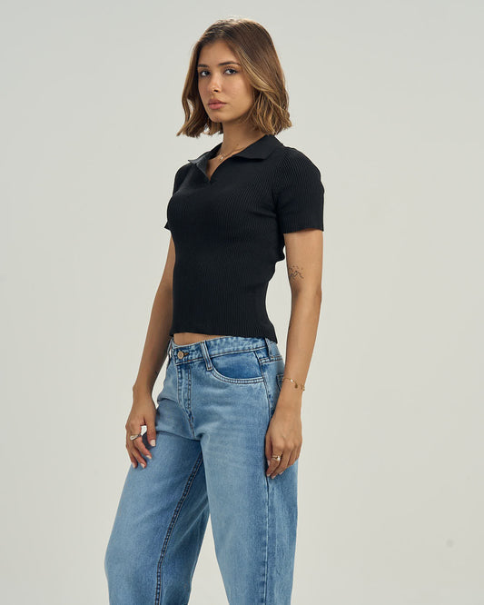 Ribbed Knit Polo Tee In Black