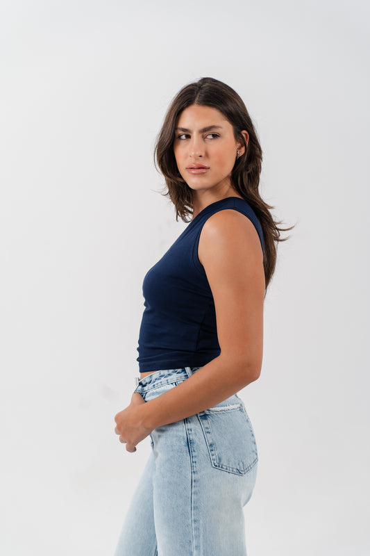 One Shoulder Basic Top - Navy