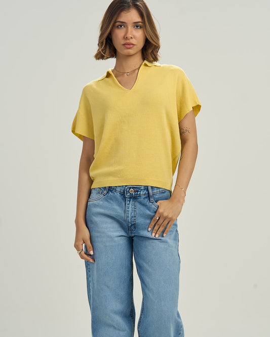 Women Yellow Knit Cap-Sleeve