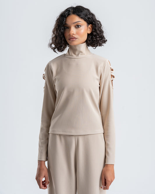 Beige Ribbed Turtleneck Blouse