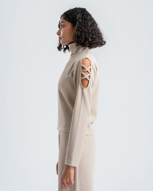 Beige Ribbed Turtleneck Blouse