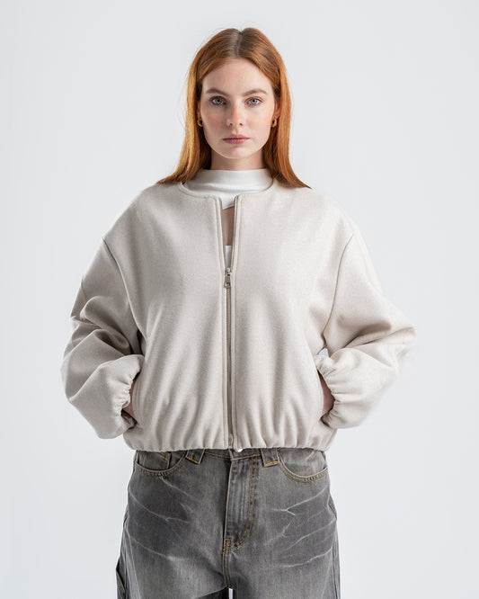 Light Beige Cropped Long Sleeve Bomber Jacket