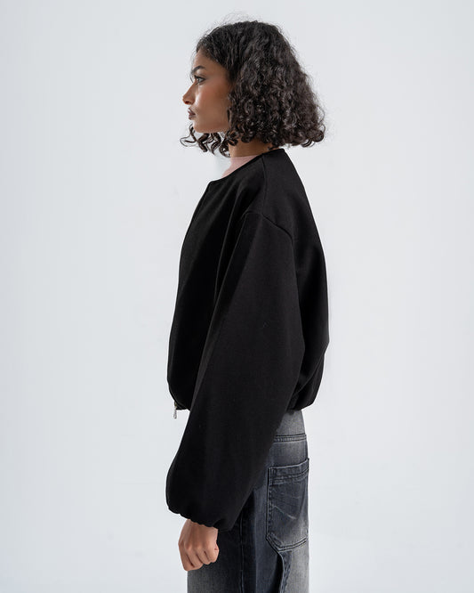 Black Cropped Long Sleeve Bomber Jacket