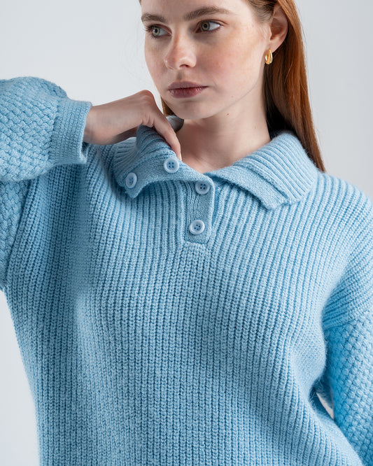 Sky Blue Knitted Sweater With Button-Down Collar