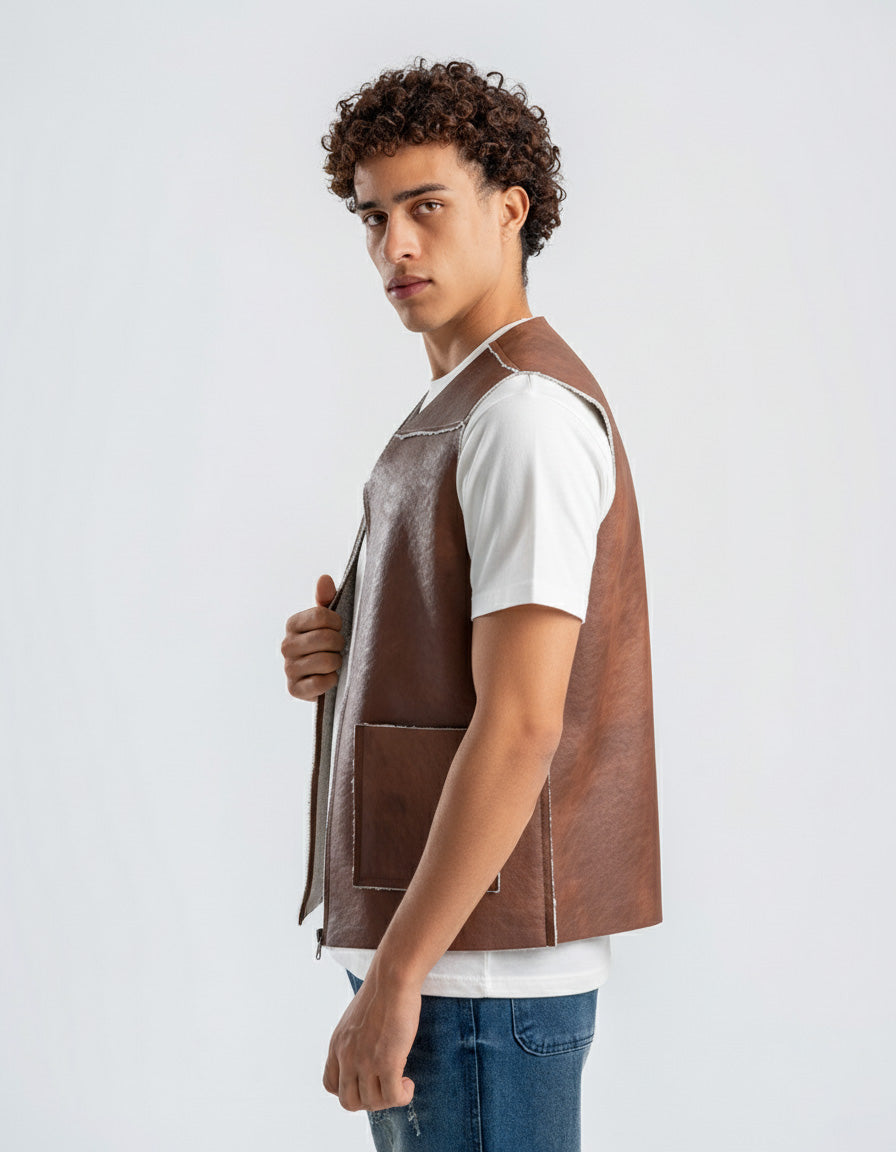 Men's Brown Leather Vest With White Details