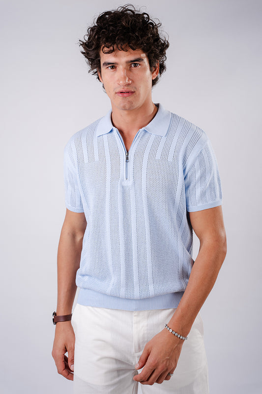 Tricot With Zipper Shirt- Sky Blue