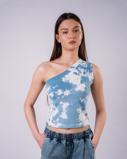 Tie Dye One Shoulder Shirt- sky blue