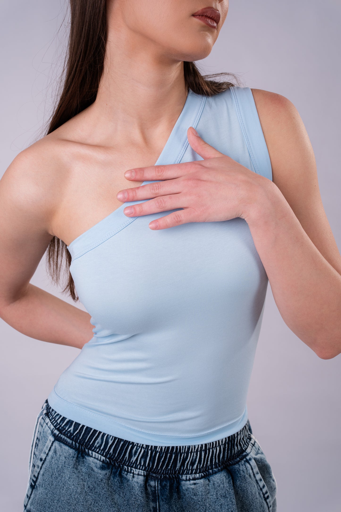 One Shoulder Basic Top - Sky Blue