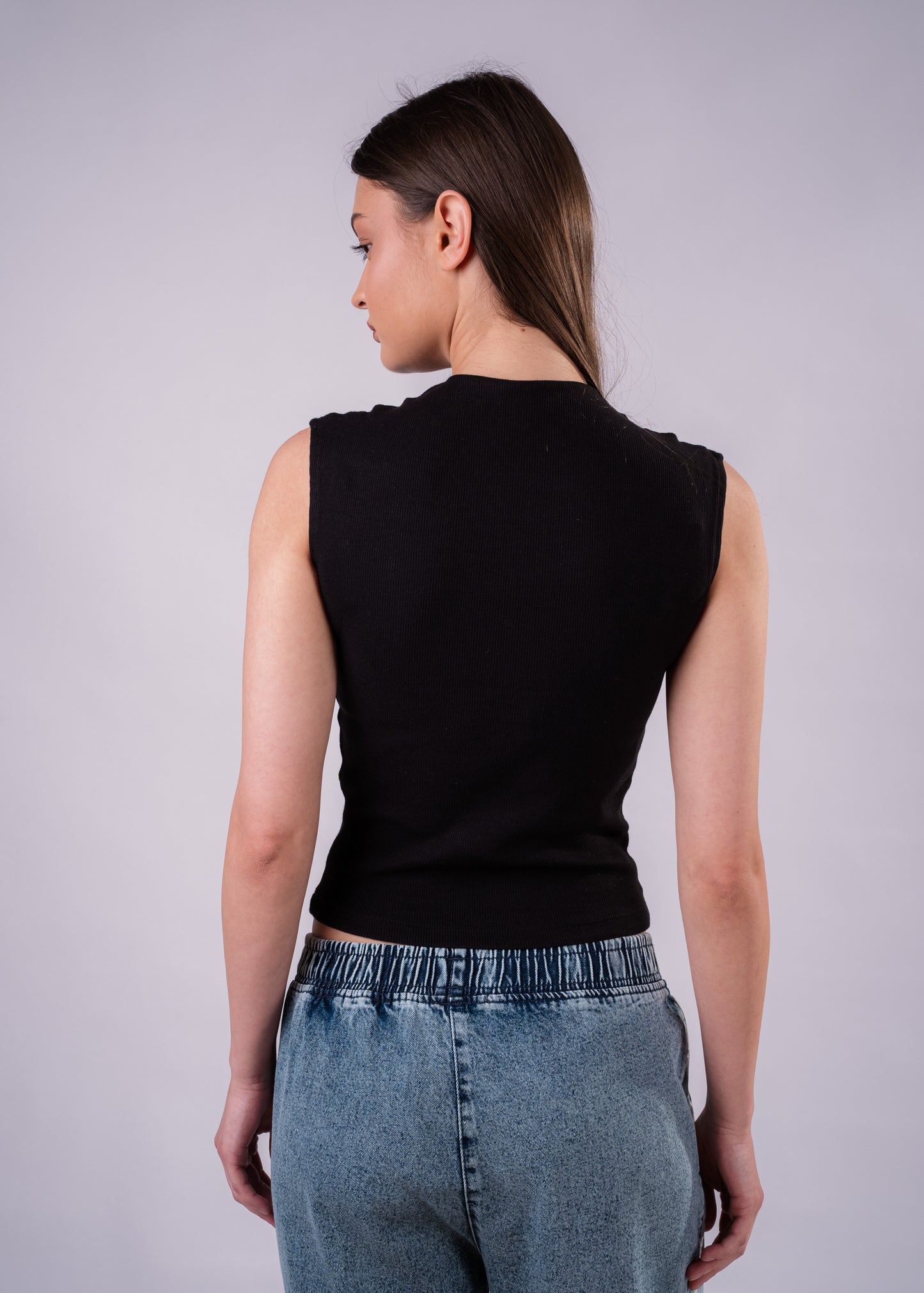 High Neck Rib Top - Black
