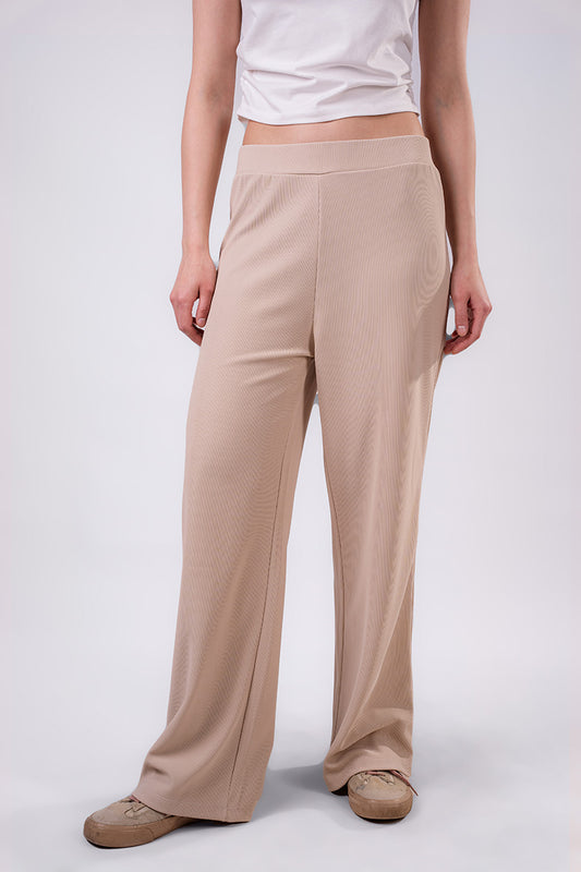 Women's Beige Basic Trouser Wide-Leg