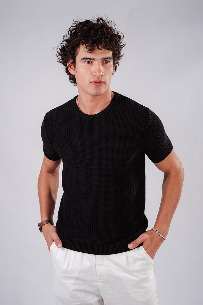 Basic Crochet Knit Shirt- Black