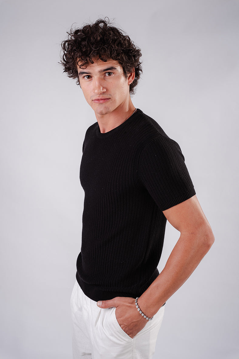 Basic Crochet Knit Shirt- Black