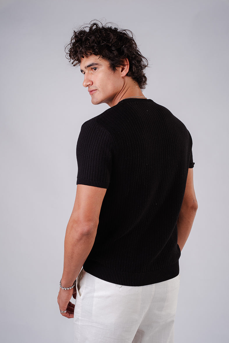 Basic Crochet Knit Shirt- Black