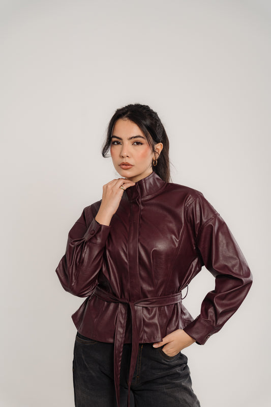 Wine Leather Belted Light Jacket