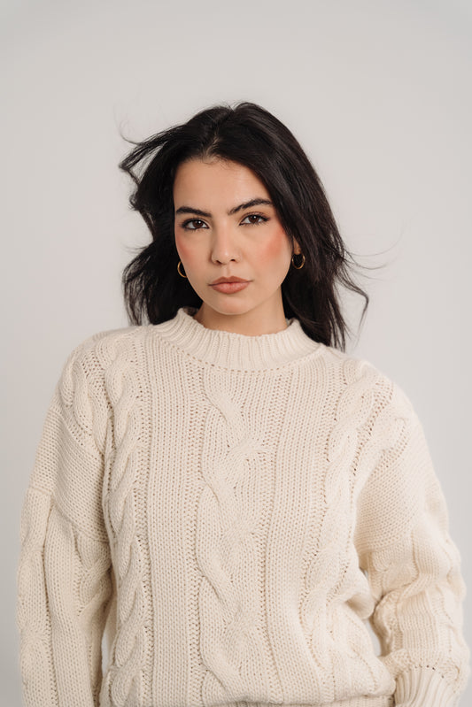 Cable-Knit Crewneck Sweater In Cream