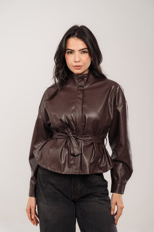 Chocolate Brown Leather Belted Light Jacket
