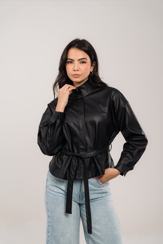 Black Leather Belted Light Jacket
