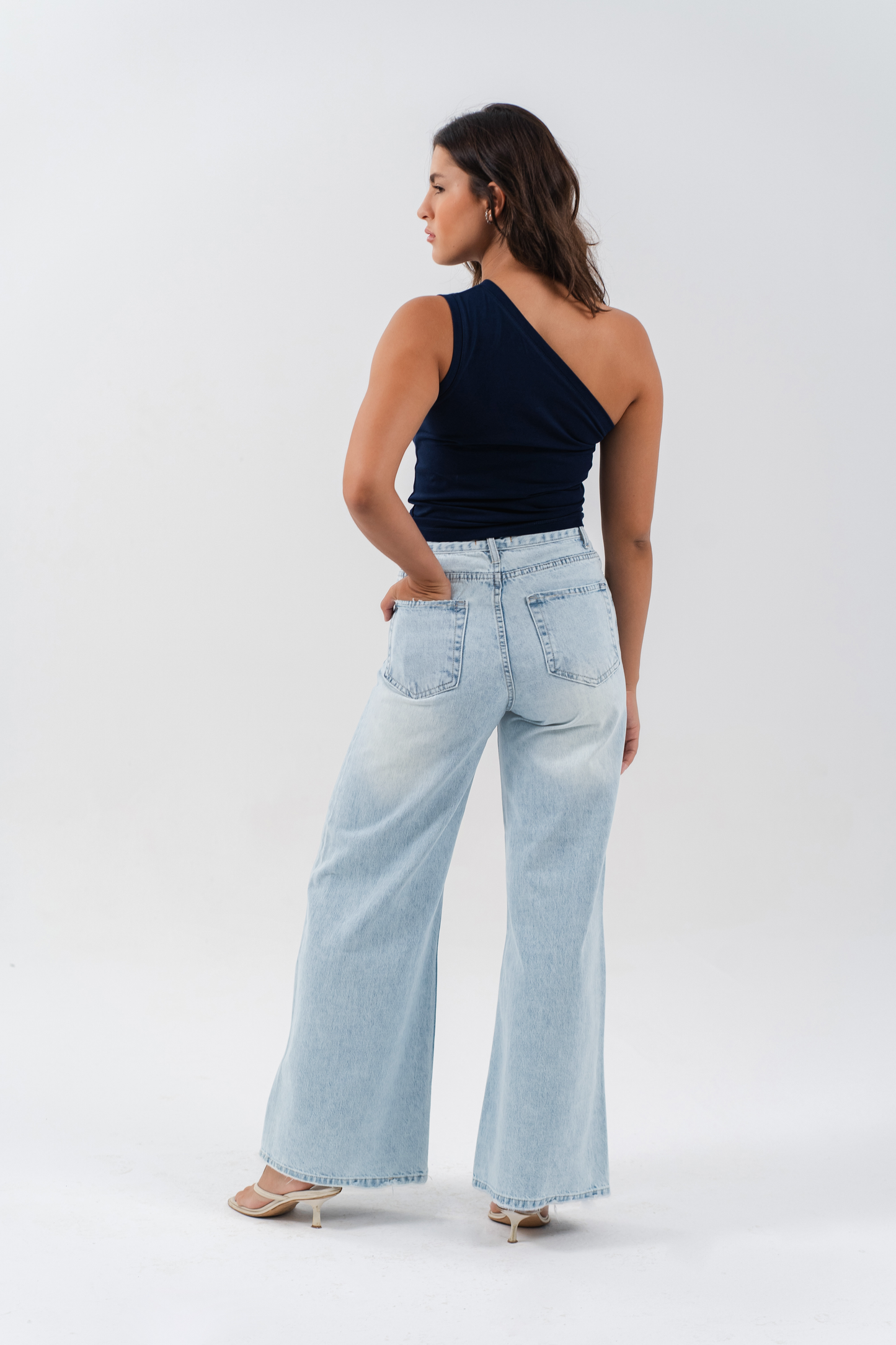 Women High-Waisted, Light Blue-Wash Wide-Leg Jeans.