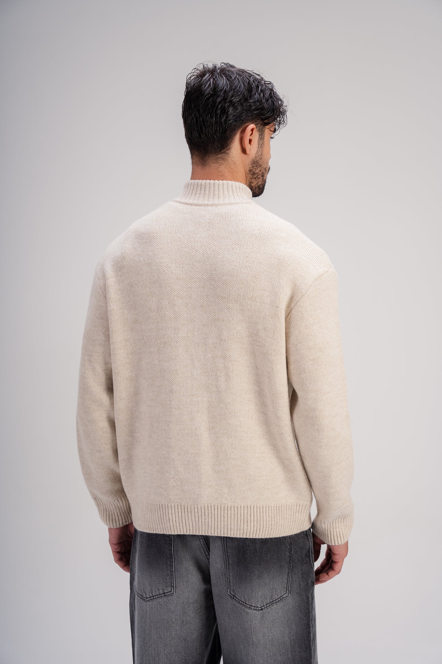 Light Beige Full-Zip Knitted Sweater