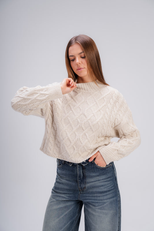 High Neck Cable Knit Sweater in Beige