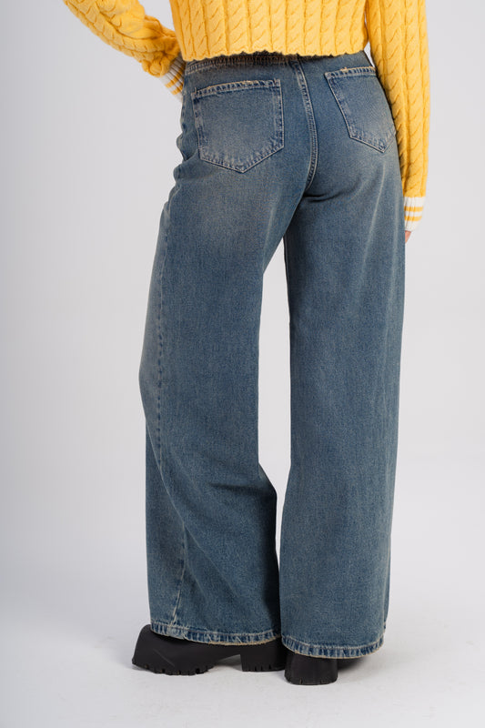 Women High-Waisted, Dark Blue-Wash Wide-Leg Jeans.