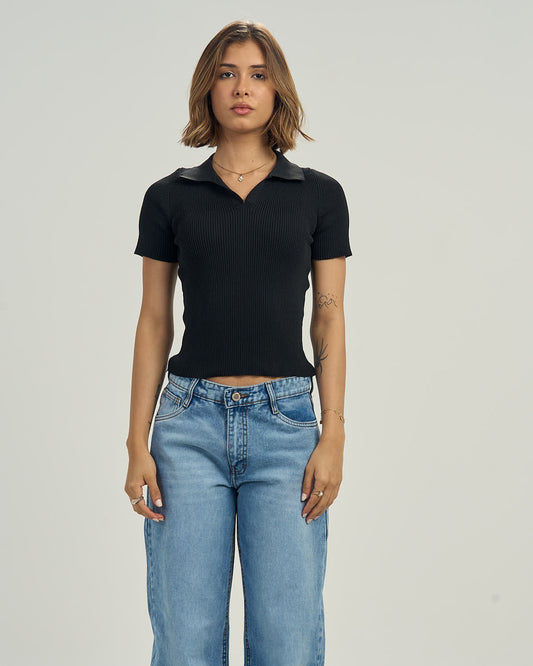 Ribbed Knit Polo Tee In Black