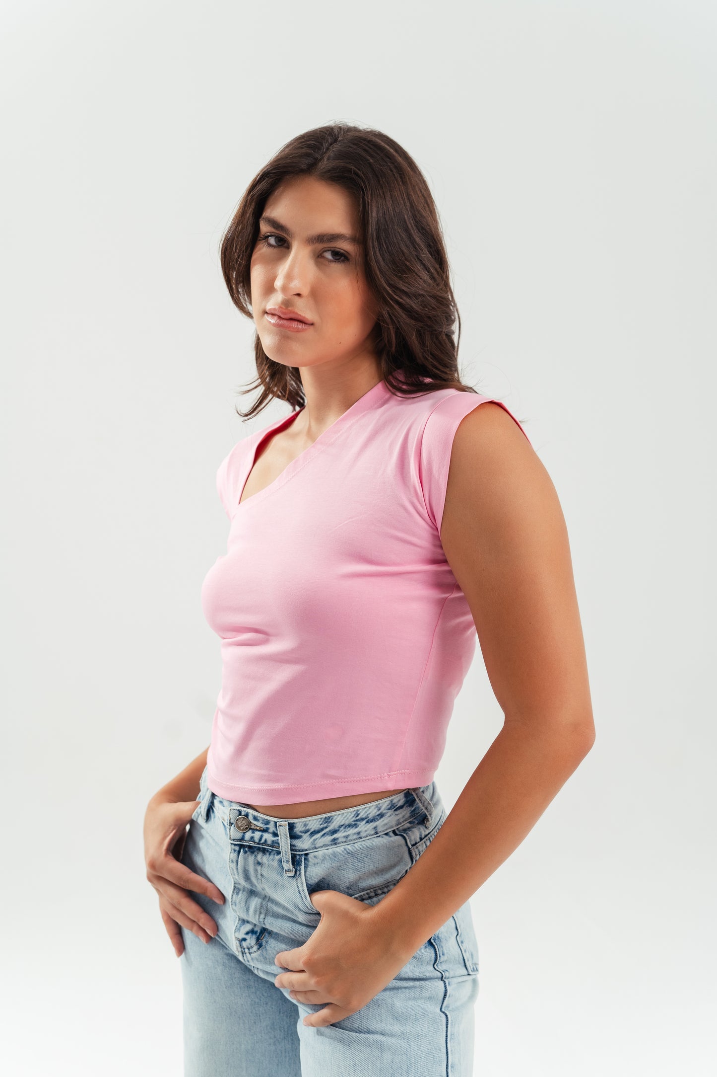 Quarter Sleeve Cropped Shirt - Pink