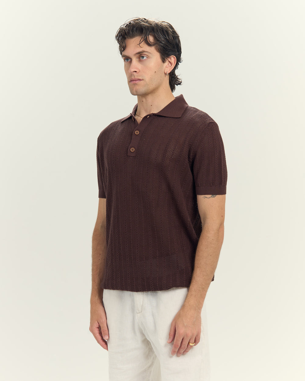 Midnight Mesh Knit Polo In Brow