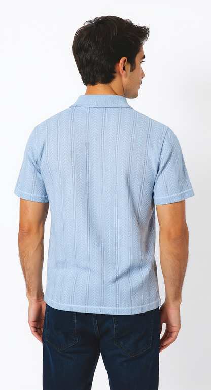 Light blue polo T-shirt with a subtle pattern