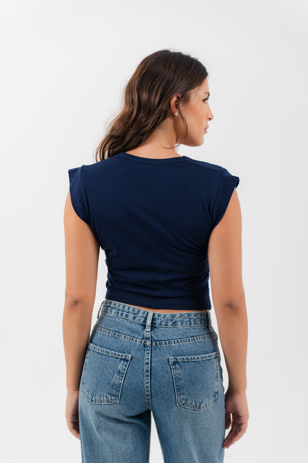 Quarter Sleeve Cropped Shirt - Navy
