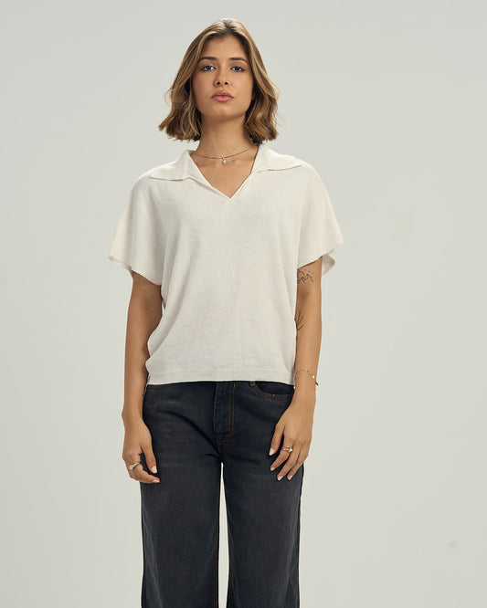 White Knit Cap-Sleeve Polo