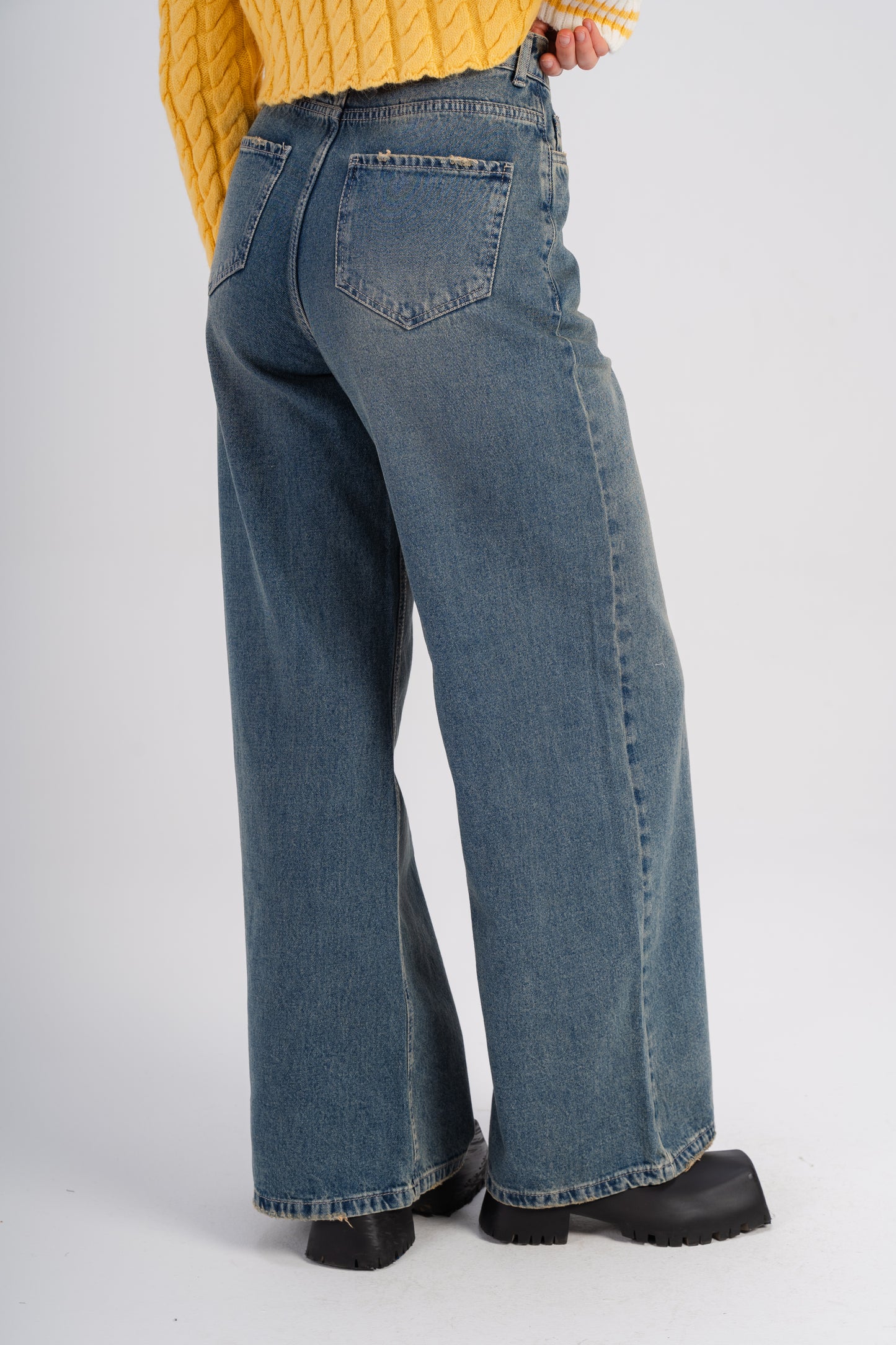 Women High-Waisted, Dark Blue-Wash Wide-Leg Jeans.