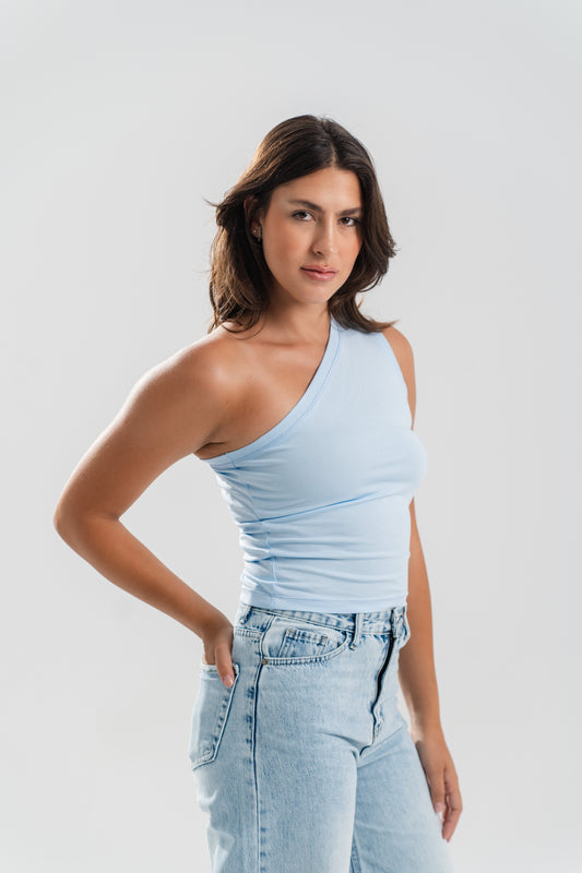 One Shoulder Basic Top - Sky Blue