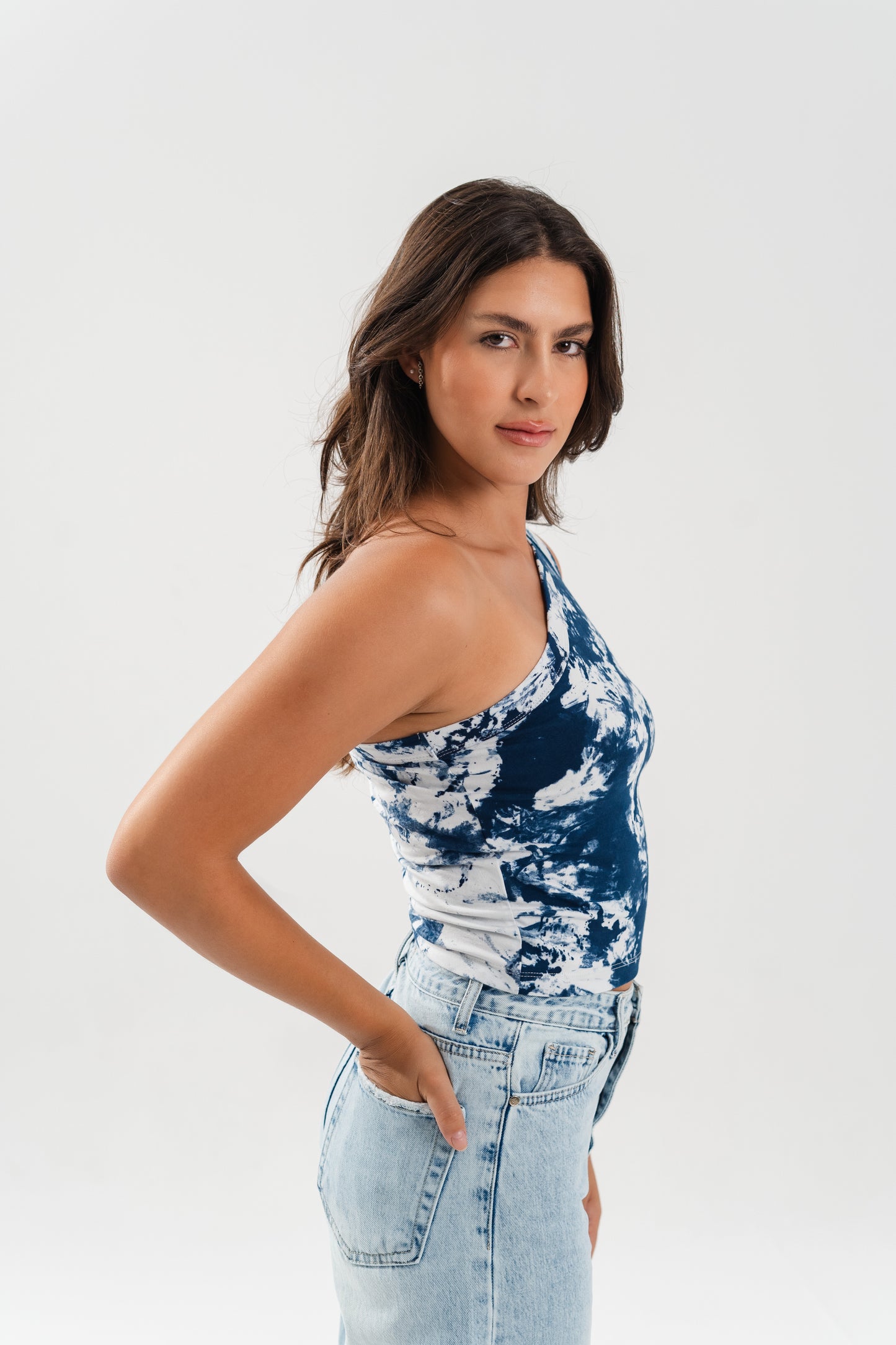 Tie Dye One Shoulder Shirt- dark blue