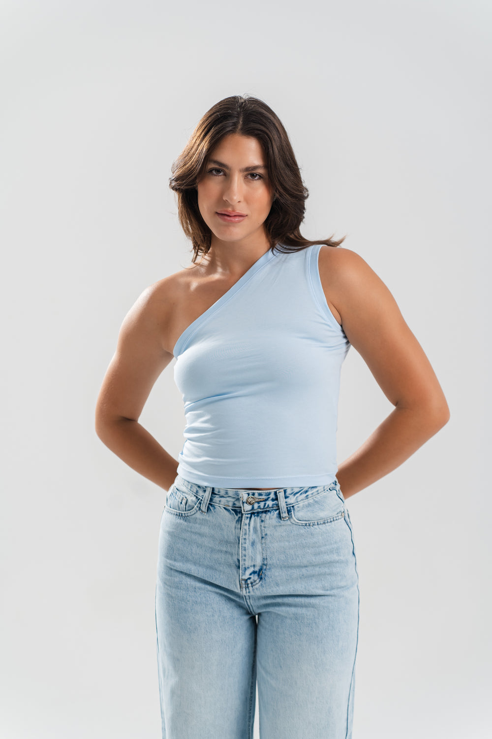 One Shoulder Basic Top - Sky Blue