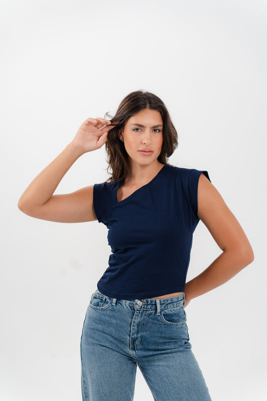 Quarter Sleeve Cropped Shirt - Navy