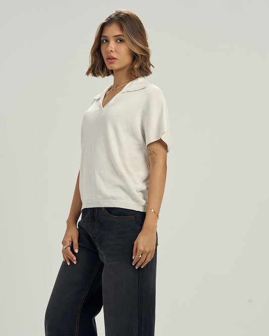 White Knit Cap-Sleeve Polo