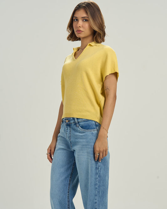 Yellow Knit Cap-Sleeve Polo