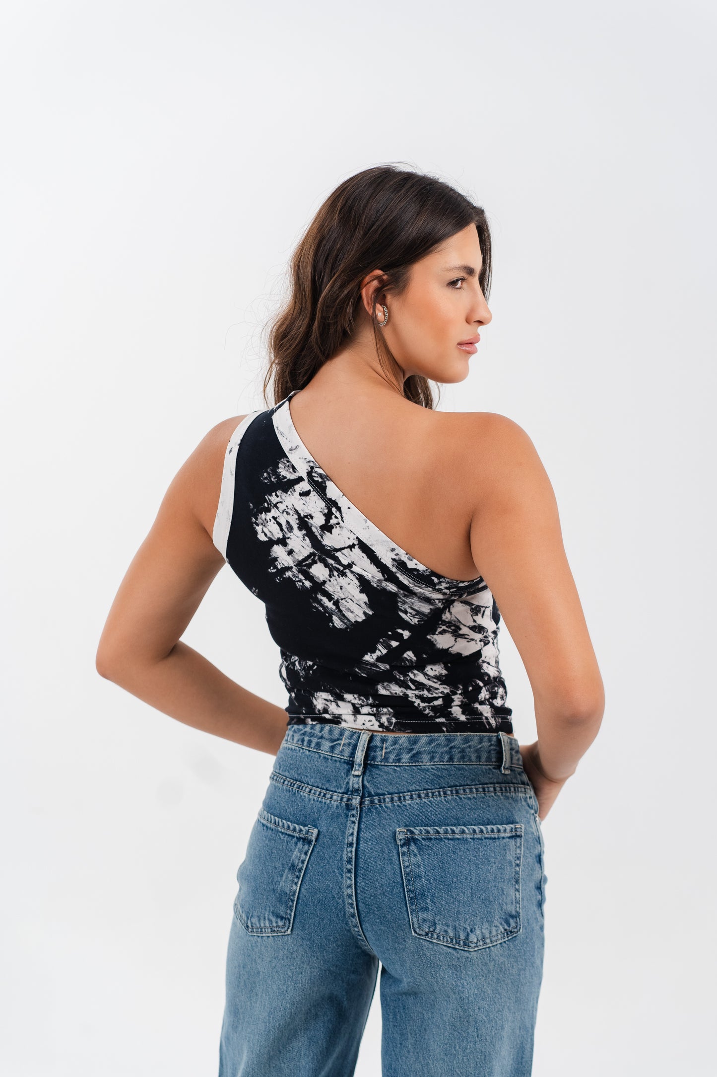 Tie Dye One Shoulder Shirt- Black