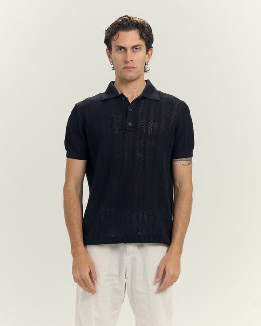 Midnight Mesh Knit Polo In Black