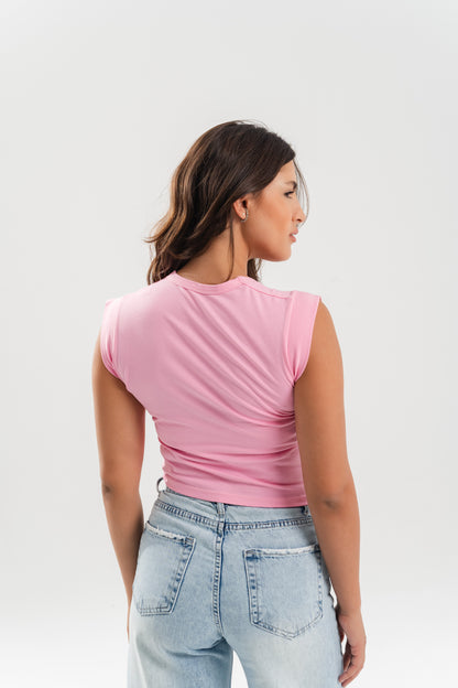 Quarter Sleeve Cropped Shirt - Pink