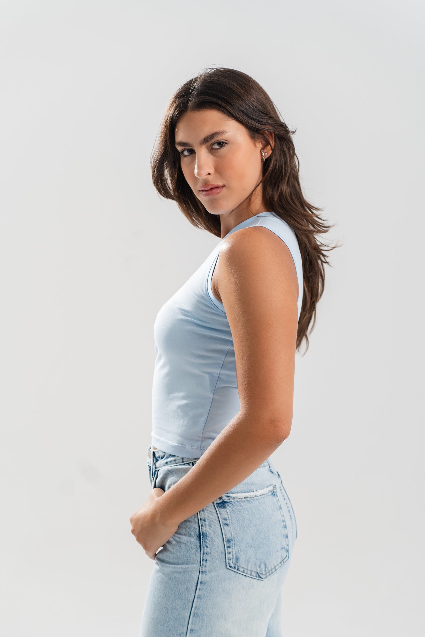 One Shoulder Basic Top - Sky Blue