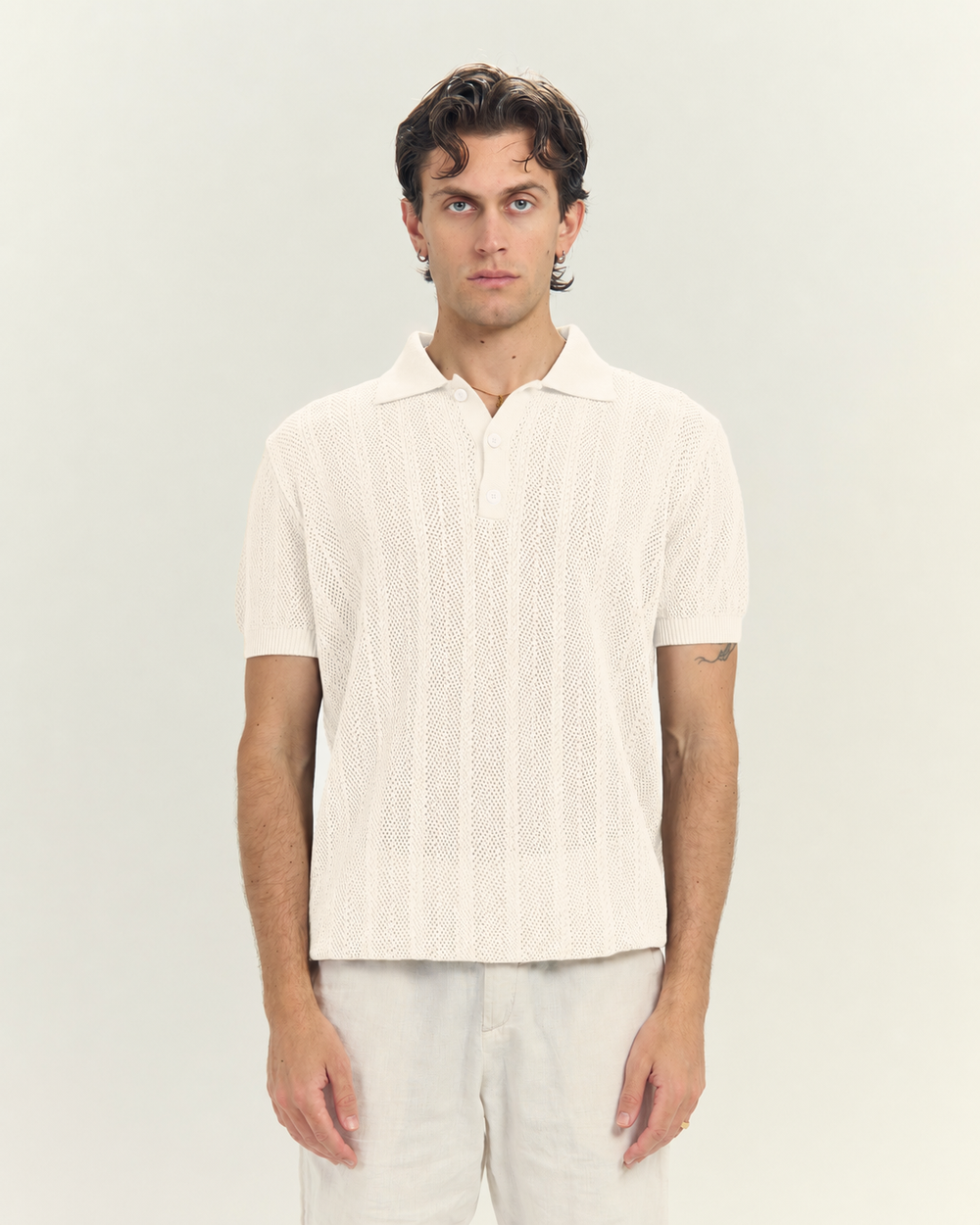 Midnight Mesh Knit Polo In Off White
