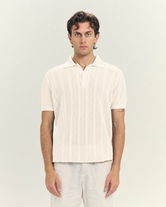Midnight Mesh Knit Polo In Off White