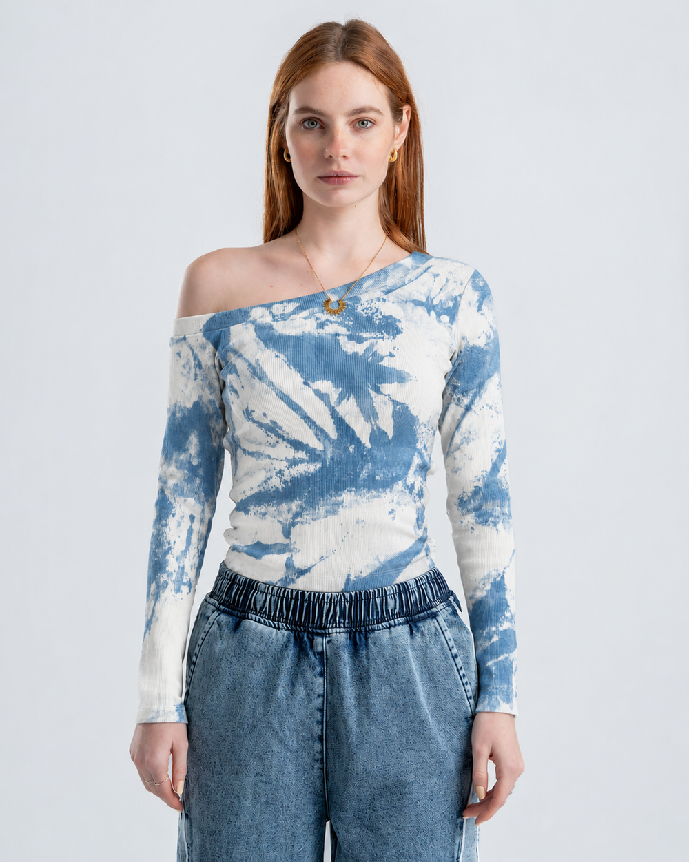 One-Shoulder Tie-Dye Top-SKYBLUE
