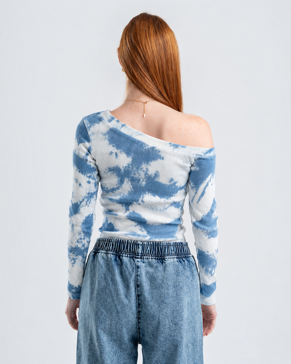 One-Shoulder Tie-Dye Top-SKYBLUE