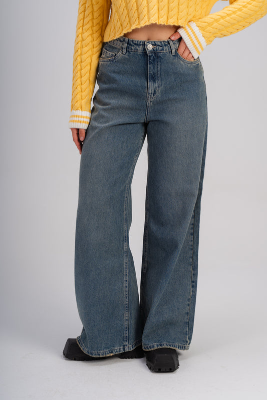 Women High-Waisted, Dark Blue-Wash Wide-Leg Jeans.