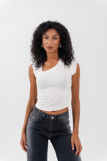 Quarter Sleeve Cropped Shirt - White