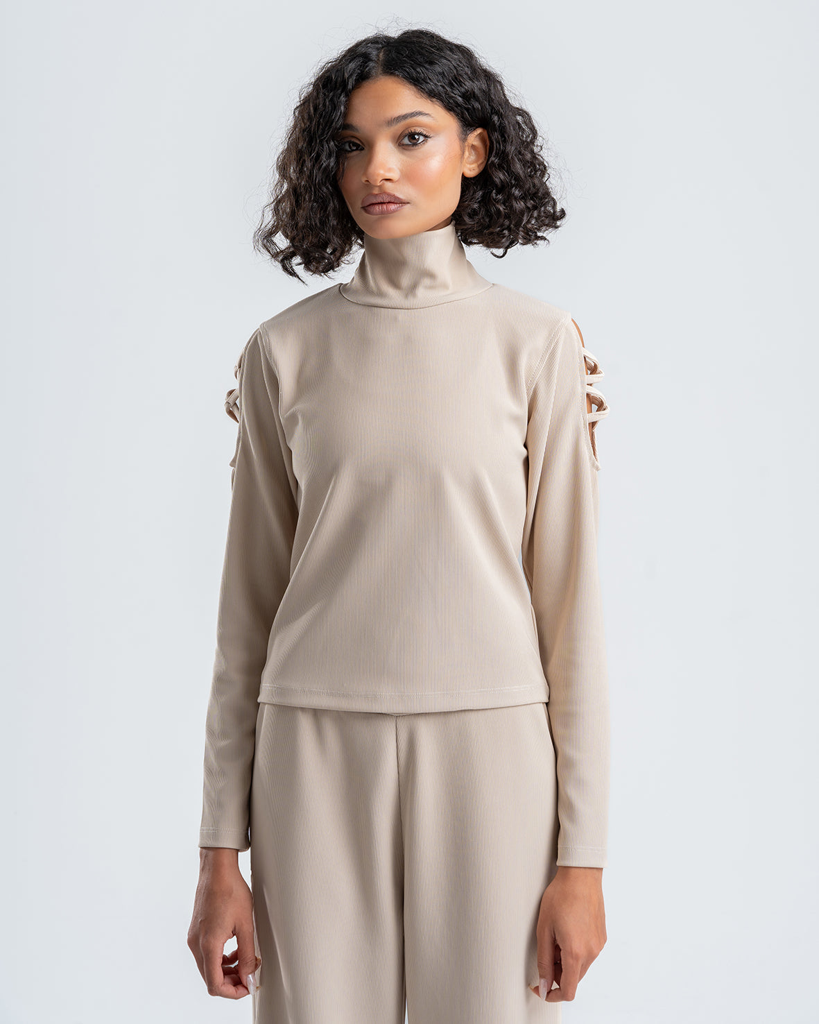 Beige Ribbed Turtleneck Blouse