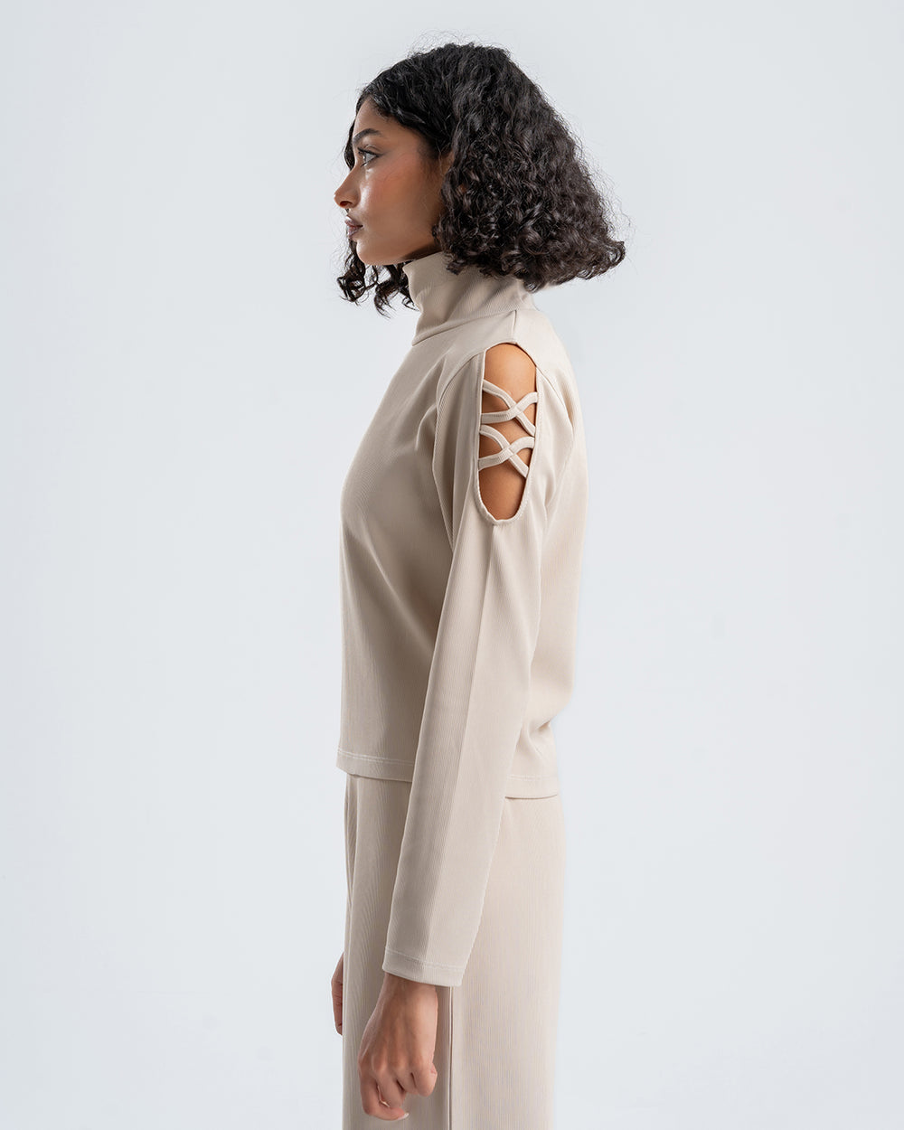 Beige Ribbed Turtleneck Blouse